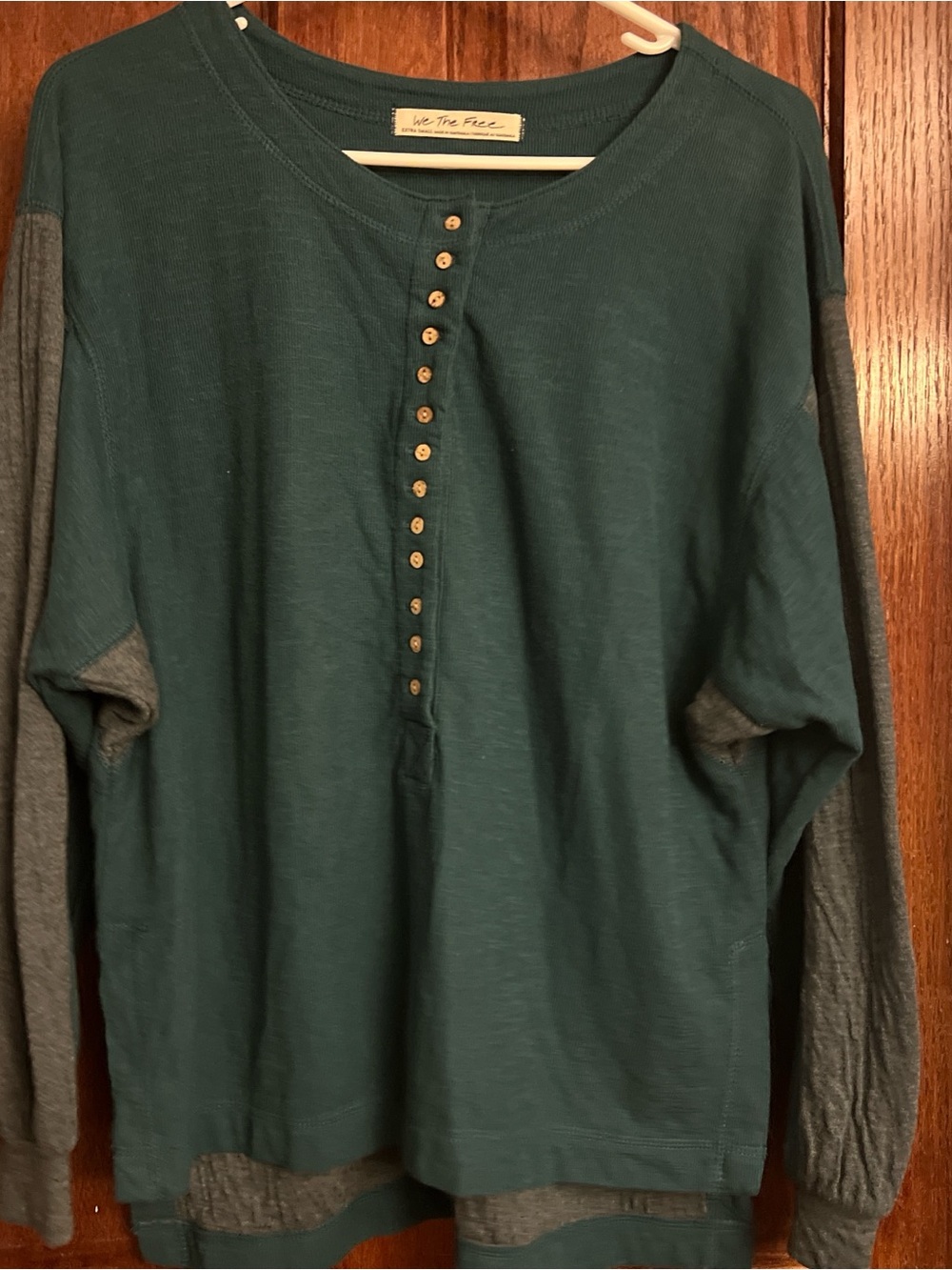We The Free Teal Green Henley with Gray Contrast Sleeves